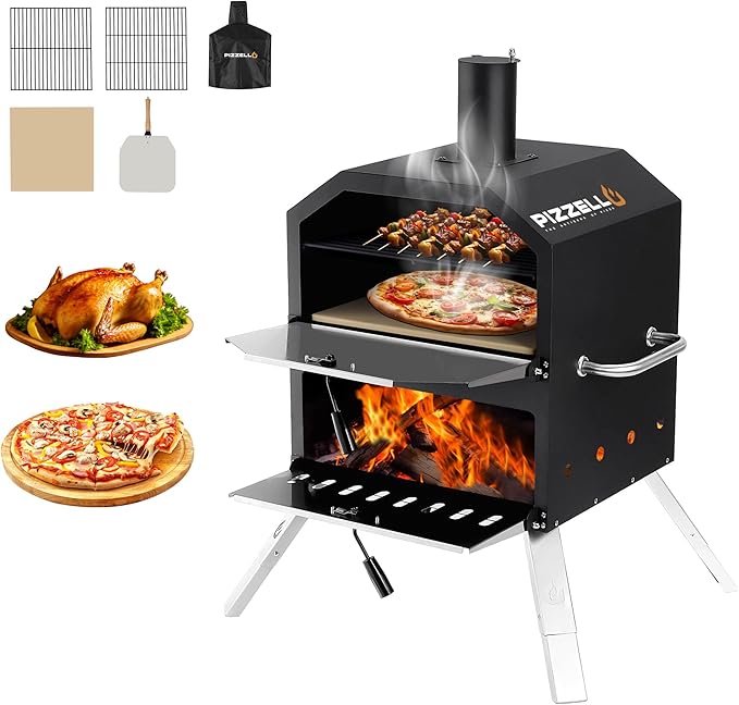 PIZZELLO Pizzello Outdoor Pizza Oven 16'' Large Wood Fired 2-Layer Pizza Ovens with Pizza Stone, Pizza Peel, Grill Grate, Oven Cover, Outside Pizza Maker for Camping Backyard BBQ, Pizzello Grande 16