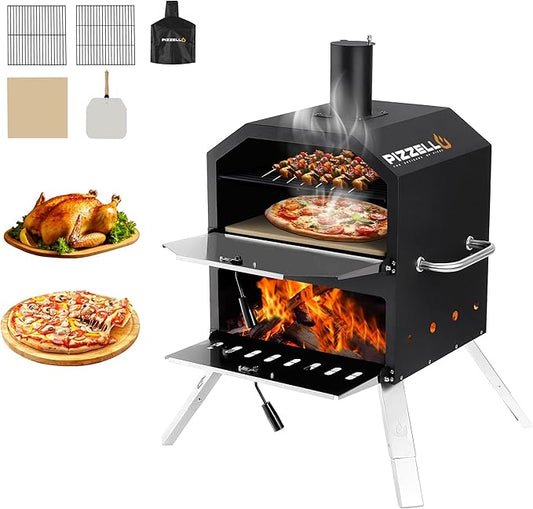 PIZZELLO Pizzello Outdoor Pizza Oven 16'' Large Wood Fired 2-Layer Pizza Ovens with Pizza Stone, Pizza Peel, Grill Grate, Oven Cover, Outside Pizza Maker for Camping Backyard BBQ, Pizzello Grande 16