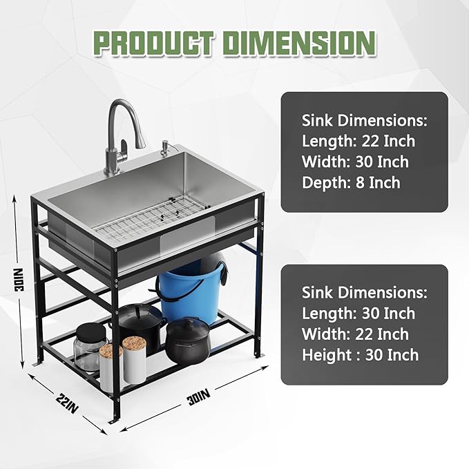 30x22 Inch Stainless Steel Utility Sink-Freestanding Laundry Sink Practicality With Accessories Stainless Functional Faucet,Soap Dispenser, SS Sink Grid For Laundry,Garage,Outdoor Kitchen,Garden...