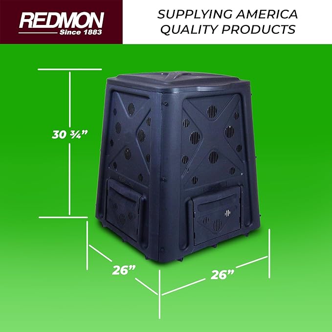 Redmon Outdoor Compost Bin with Lift Off Lid, 4-Door Access & Vent Holes, 65 Gallon, Black - Composting Bin Container for Kitchen Food Waste Recycling