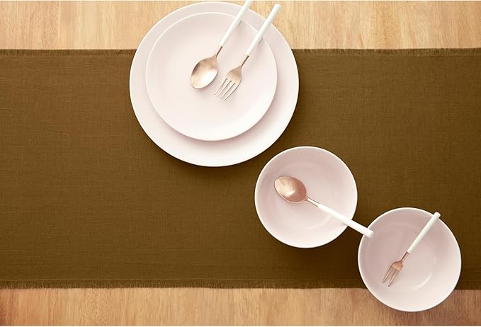 Solino Home Fringe Linen Table Runner 108 Inches Long - 100% Pure Linen Toffee Brown Dining Table Runner 14 x 108 Inch - Handcrafted and Machine Washable