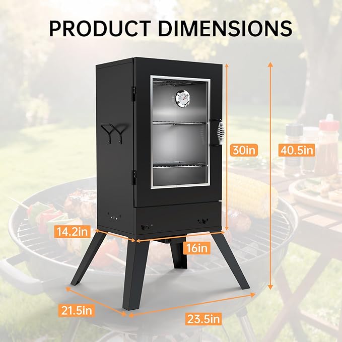 TABU 30-inch Electric Vertical BBQ Smoker with Thermometer & Leg Kit, Large Meat Smoker with Water& Wood Trays for Outdoor Backyard, Black