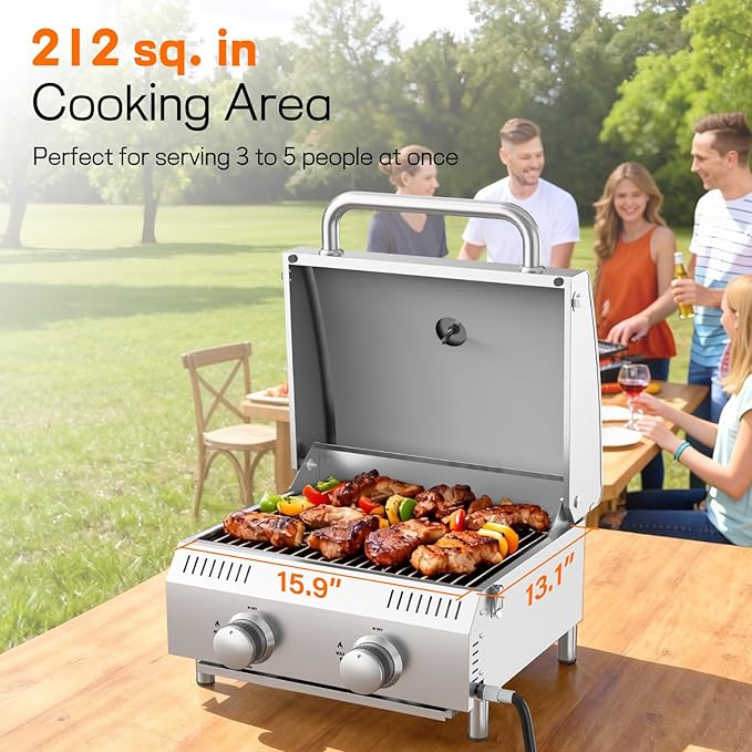 Veralune Tabletop Gas Grill, 2 Burners Portable Propane Grill, Camping Cooking Grill with Travel Lock for Camping, RV, Backyard BBQ