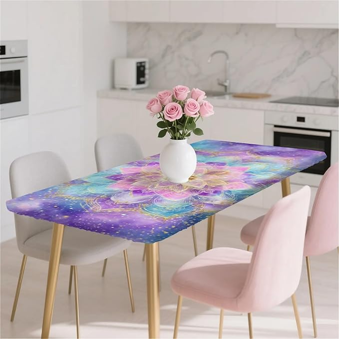 Rectangle Table Cloth Cover Waterproof Elastic Fitted Polyester Fitted Tablecloths for 6 Foot Tables for Indoor,Picnic, Camping, Outdoor （72" x 30"，Datura）