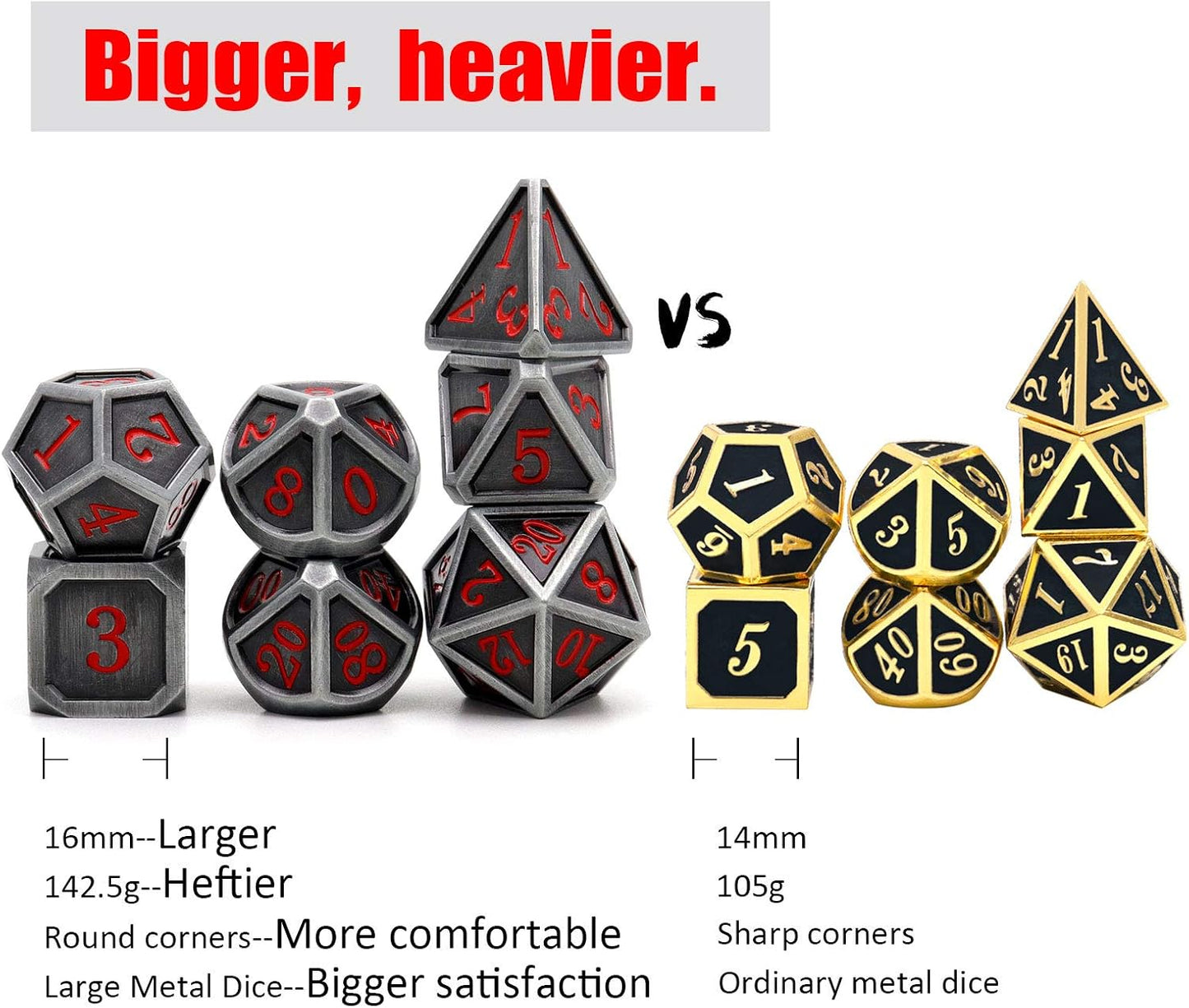 Haxtec Ancient Silver Metal DND Dice Set D&D 7PCS Large Rounded Antiue Iron RPG Dice Red Numbers for Dungeons and Dragons TTRPG Game Gifts',Standard size