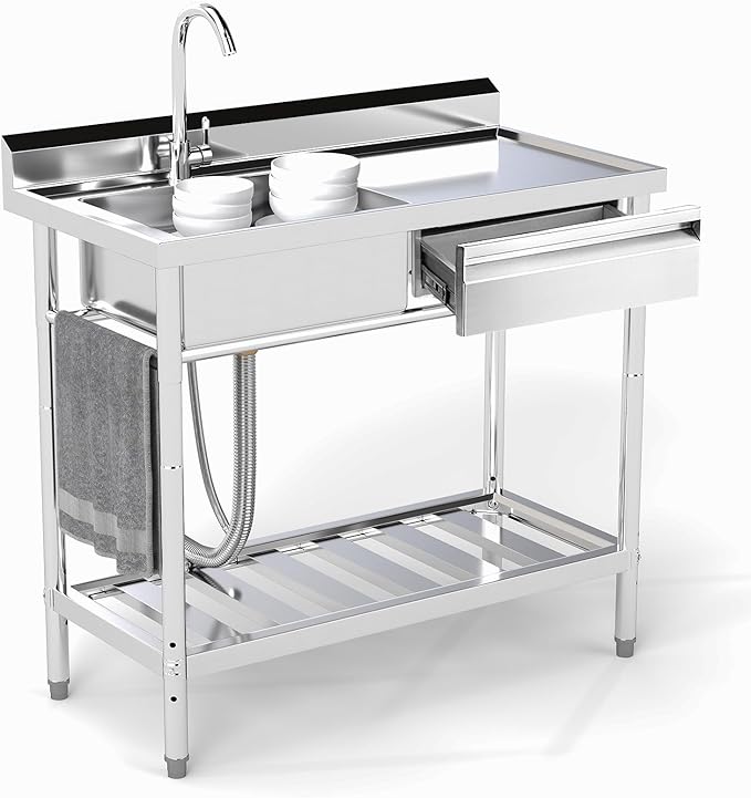 Stainless Steel Utility Sink, 39'' Free Standing Single Bowl Kitchen Sink with Cold and Hot Water Pipe, Right Drawer, Indoor and Outdoor for Laundry Room Farmhouse Kitchen(39 inch)