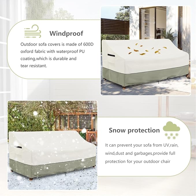 3-Seater Patio Sofa Cover,85 W x 38 D x 35 H Inches Outdoor Couch Cover,600D Heavy Duty Waterproof Outdoor Sofa Covers,Patio Furniture Covers,Beige