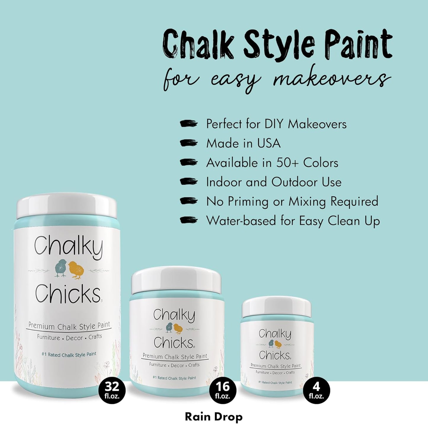 Chalky Chicks All-in-One Chalk Paint for Furniture or Cabinet - 32 Fl Oz - Matte Finish Rain Drop (Light Blue) for Metal, Wood Furniture Paint - No Sanding All-in-One for Home Decor & Crafts, USA Made