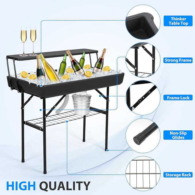 Nice C 4 ft Folding Ice Cooler Table, Party Cooler, Grazing Table, Tables with Drain, Party Tables, with Matching Skirt, Storage Shelf (Black)