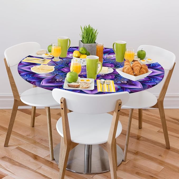 Mandrake Purple Blue Flower Round Table Cloth Cover, Elastic Edge Waterproof Wipeable Tablecloths 45"-56" Polyester Tablecloth for Party Restaurant Banquet Holiday Camping Outdoor Picnic