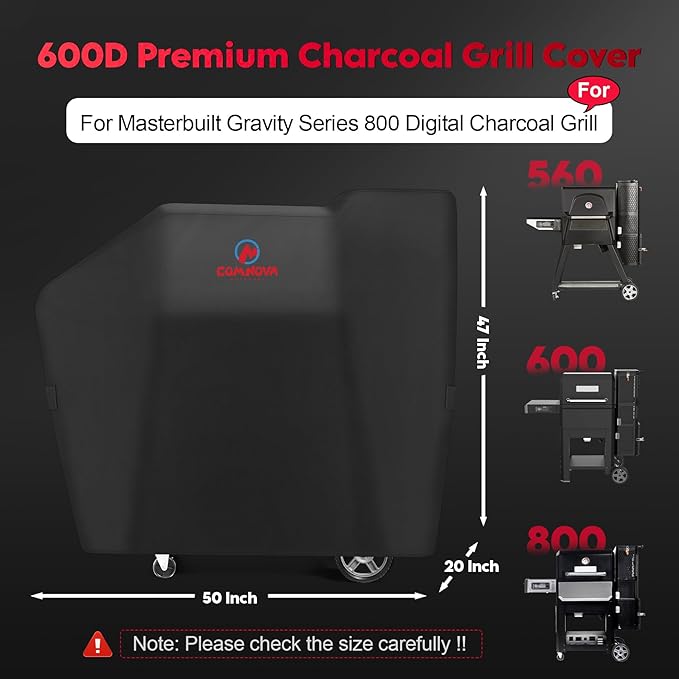 Comnova Grill Cover for Masterbuilt Gravity Series 800 Digital Charcoal Grill and Smoker, Waterproof & Heavy Duty, 600D Charcoal Grill Cover for MB20040221, Black (56" x 20" x 47")