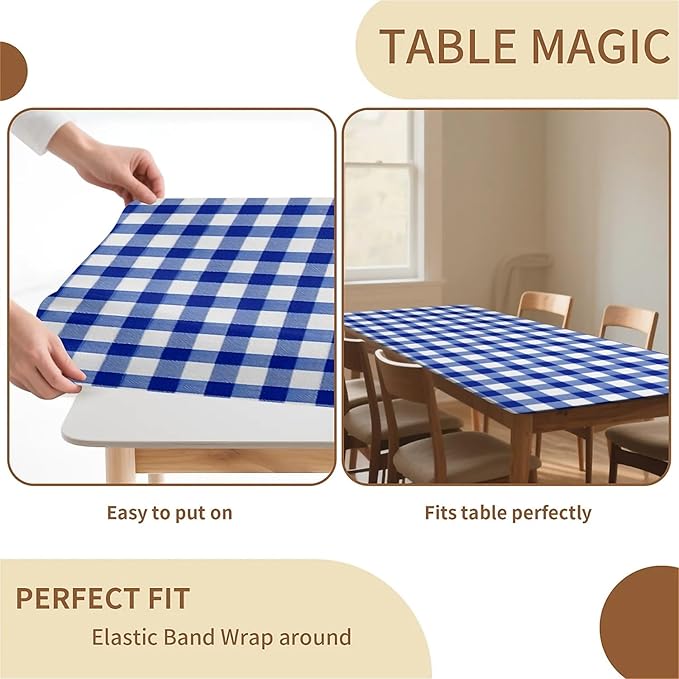Rectangle Table Cloth Cover Waterproof Elastic Fitted Polyester Fitted Tablecloths for 4 Foot Tables for Indoor,Picnic, Camping, Outdoor （48" x 30"，Blue Grid）