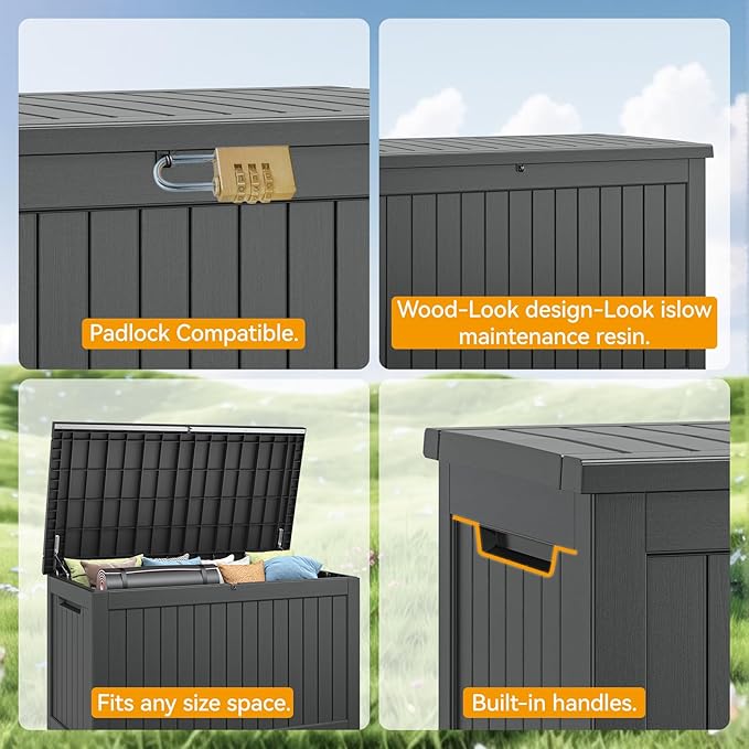 230 Gallon Large Resin deck box Waterproof,Outdoor Storage Bench,Patio Storage Box,Garden Tool Storage,UV-Resistant & All-Weather,Wood-like Striped BLack