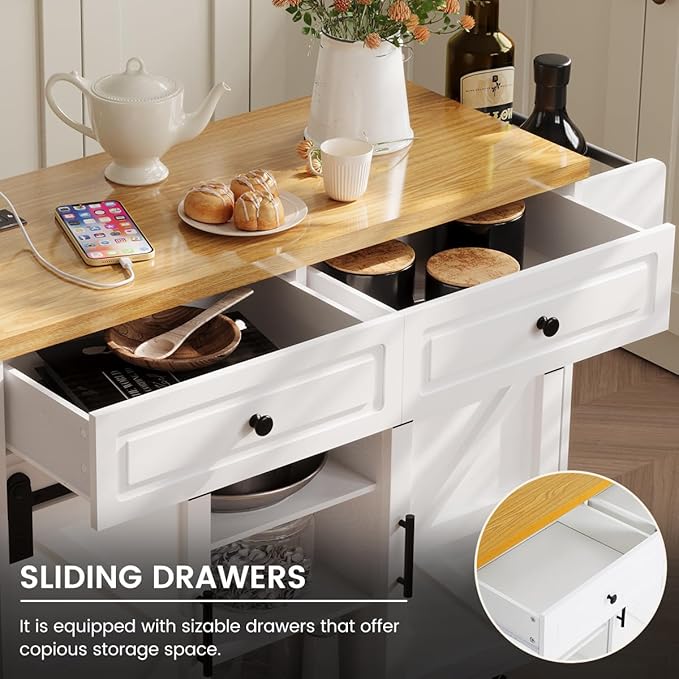 COCO DESIGN Rolling Kitchen Island Cart with Wheels, 54" Portable Trolley Island with Drop Leaf Countertop, Sliding Barn Door, Power Outlet, Spice Rack, Towel Rack and Drawers, Minimalist White