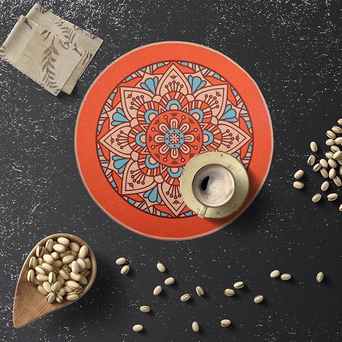PIGCHCY Rubber Boho Placemats Set of 6, 15" Round Heat Resistant Placemat, Waterproof Washable Table Mats for Dining Table Decoration (Orange)