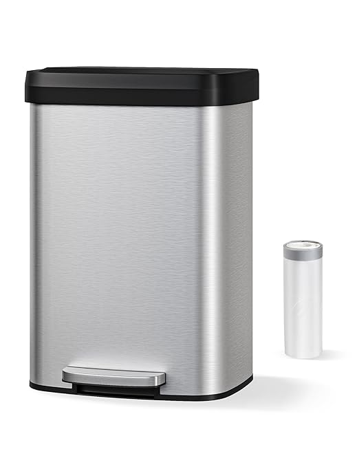 Garvee 13 gal / 50 L Stainless Steel Trash Can with Lid, Large Garbage Can for Kitchen, Rustproof Step-on Kitchen Metal Trash Bin with Liner Rim, Rear Handle, Soft Close Plastic Lid, Silver