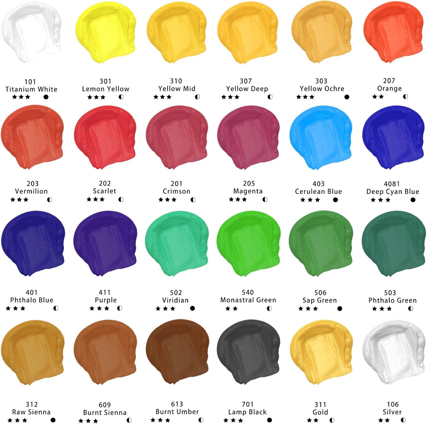 Artecho Professional Acrylic Paint Set, 24 Basic Colors Tubes (60ml / 2.02oz) Art Craft Paints for Canvas, Rock, Wood, Fabric, Art Supplies