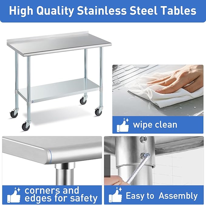 Stainless Steel Table for Prep & Work with Backsplash & Caster 24x30 Inches, NSF Commercial Kitchen Heavy Duty Table with Adjustable Under Shelf for Restaurant, Home and Hotel