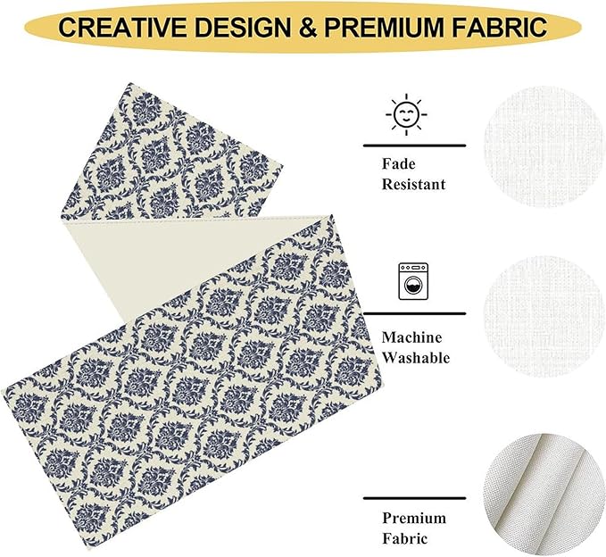 Damask Table Runner, Rustic Gothic Baroque Style Floral Bohemian Boho Blue Flower Antique Vintage Coffee Table Center Decor for Kitchen and Dining Outdoor Country Party Table Decorations, 13"x36"