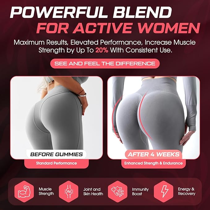 Creatine Gummies for Women, Sugar-Free Creatine Monohydrate with Collagen, BCAAs, Vitamin C & B12 for Muscles, Energy & Booty, Post Workout Supplements and Vegan Preworkout Gummies for Women