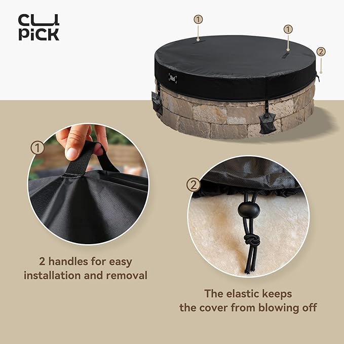 Outdoor Fire Pit Cover Round,In Ground Fire Pit Cover with Sandbag,Heavy Duty Waterproof Firepit Cover,Suitable for 56-60 Inch Round Built in Stone Firepits,Black