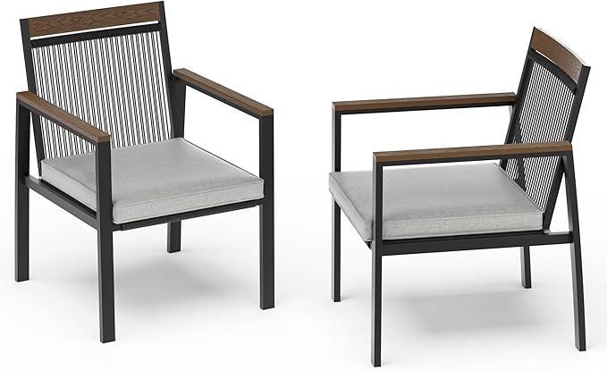 Set of 2 Outdoor Dining Chairs – Ergnomic Patio Seating with Handwoven Rope Design and Soft Cushions for Patio, Backyard, Poolside, Balcony – 350lb Weight Capacity