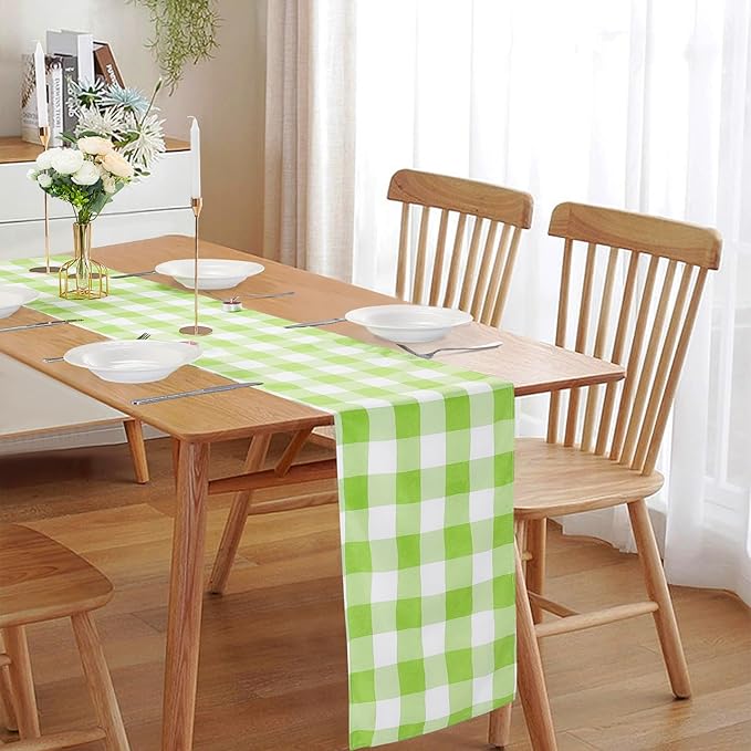 Fabric Checkered Table Runner 6 Pack Waterproof Gingham Table Runner 14W x 108L Buffalo Check Table Runners for Parties Kitchen Dining Wedding Banquet (Emerald and White)