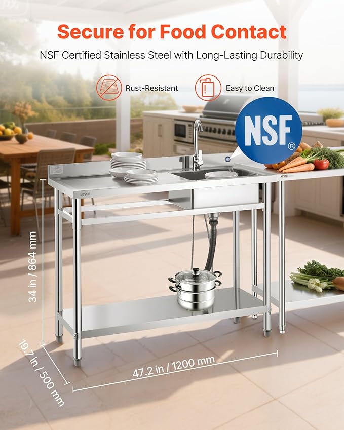 VEVOR Stainless Steel Utility Sink, Free Standing Single Bowl Commercial Kitchen Sink with Faucet, Utility Left Basin Workbench with Hot & Cold Water Pipe for Garage Restaurant Laundry, 47x19.7x37 in