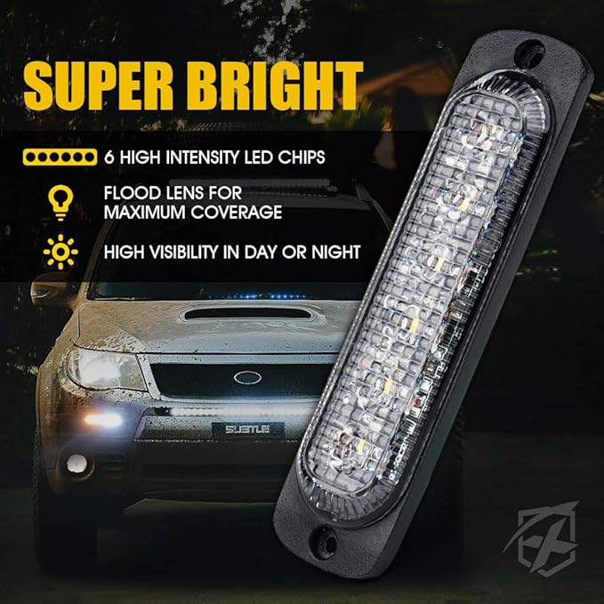 Xprite 10PCS LED Emergency Strobe Lights, Amber White 12-LED Surface Mount Flashing Lights, Sync Feature Ultra Slim Grill Light for Off-Road Vehicles, ATV, SUV, Trucks, Cars