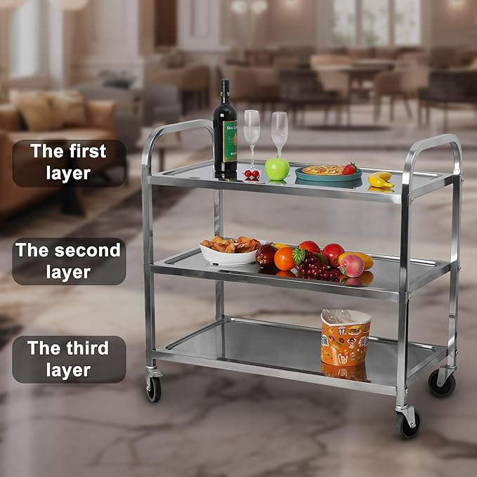 uyoyous 3 Tier Stainless Steel Utility Cart 37"x20"x37" Commercial Heavy Duty Rolling Cart Food Storage Service Trolley with 360°Rotatable Wheels for Kitchen Hotel Restaurant Home Use