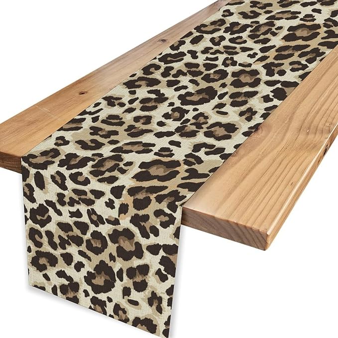 Leopard Print Table Runner, Animal Fur Print Western Style Table Runner Country Farmhouse Cottage Cow Pattern Linen Table Decoration for Home Kitchen Dining 13x72
