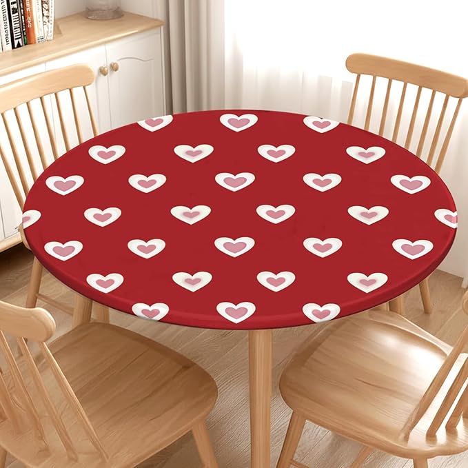 Valentines Day Round Fitted Tablecloth with Elastic Red Pink Heart Circle Table Cloth for 48-52" Round Tables Wipeable Waterproof Washable Burgundy Valentine Table Cover for Picnic Dining Party Decor