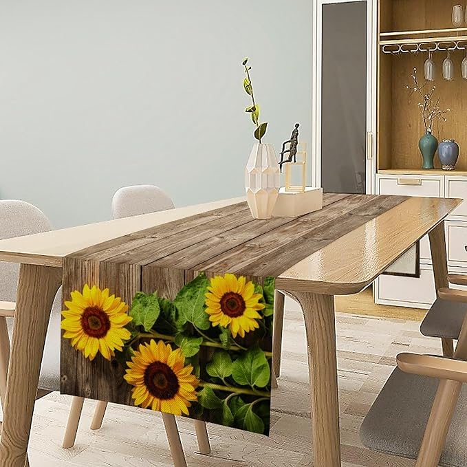 Sunflower Floral Table Runner, Country Farmhouse Vintage Spring Flower Rustic Wooden Plank Kitchen Dining Table Decoration for Indoor Outdoor Home Party Decor, 13x90inch