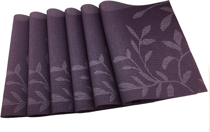 Gugrida Place Mats PVC Set of 6, Table Placemats Set of 6 PVC Woven Vinyl Place Mats Table Mats Natural Color (6 pcs, Purple Leaves)
