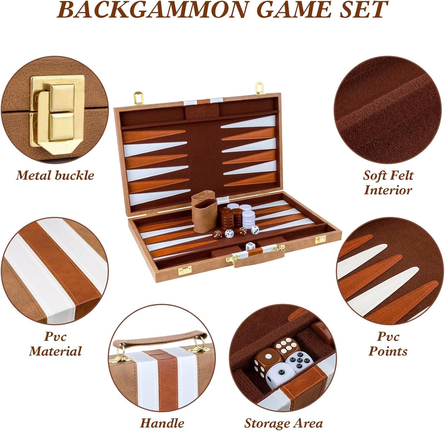 Backgammon Set 2 Players Classic Backgammon Sets for Adults Board Game with PU Leather Case Portable and Travel Backgammon Set (Retro Brown, 18inch)
