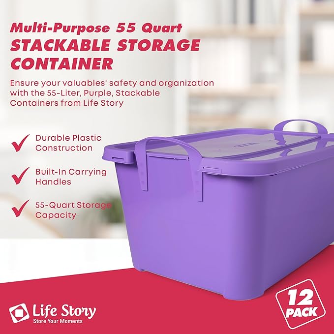 Life Story 12 Pack Light Duty Stackable Storage Bin, 55 Quart Home Organizer, Versatile Lightweight Locking Bins with Carrying Handles, Purple