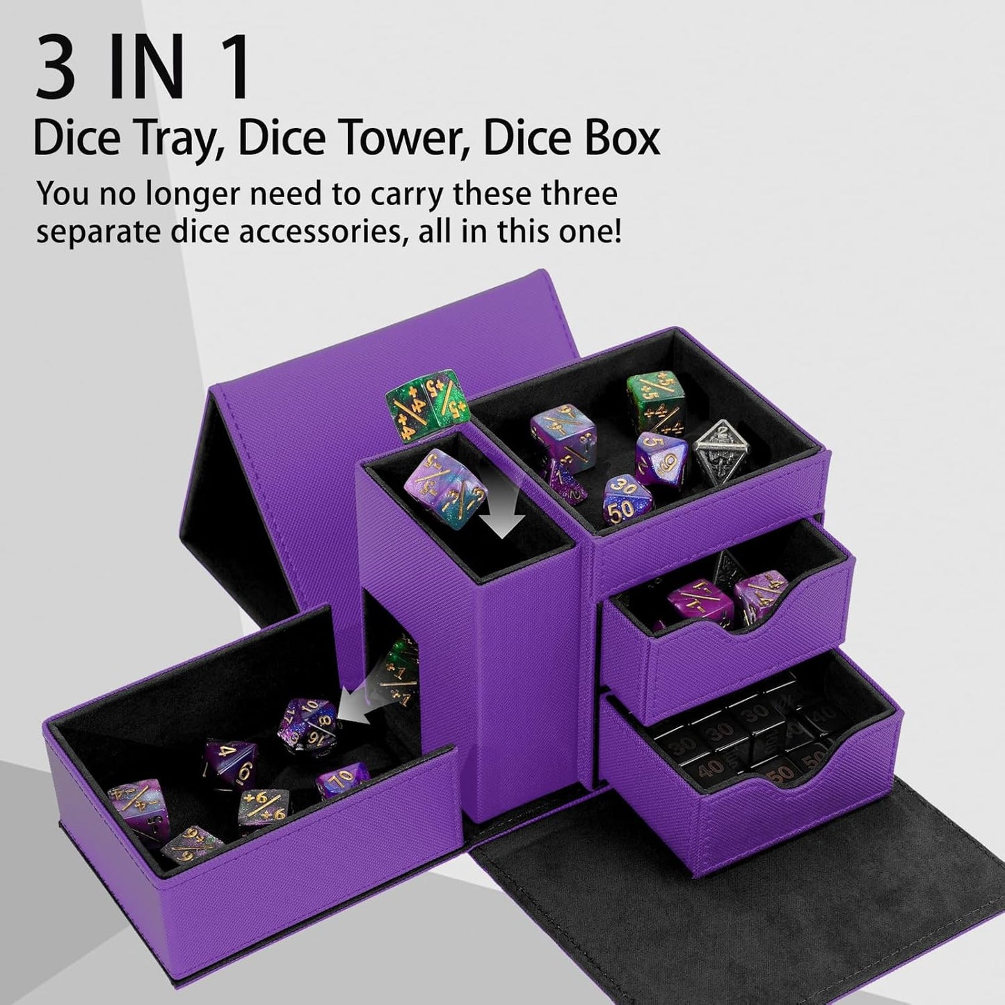 Dice Tower & Dice Tray Storage Box, 3 in 1 Dice Holder Case (Rolling Tower Storage Drawers, Dice Rolling Tray), Leather Magnetic Closure DND Accessories Gifts for RPG MTG, Violet/Black