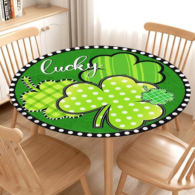 St Patricks Day Round Fitted Tablecloth with Elastic Green Shamrock Lucky Circle Table Cover for 44-48" Tables Spring Clover Wipeable Waterproof Washable Table Cloth for Party Picnic Dining Decor