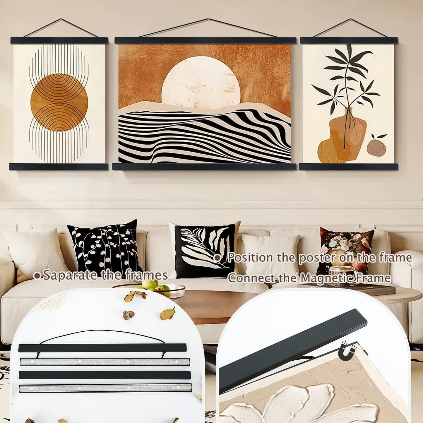 Artmag Magnetic Poster Hanger Frame, 34x22 34x23 34x48 Light Wood Wooden Magnet Canvas Artwork Print Poster Hangers Frames Hanging Kit (Black, 34")