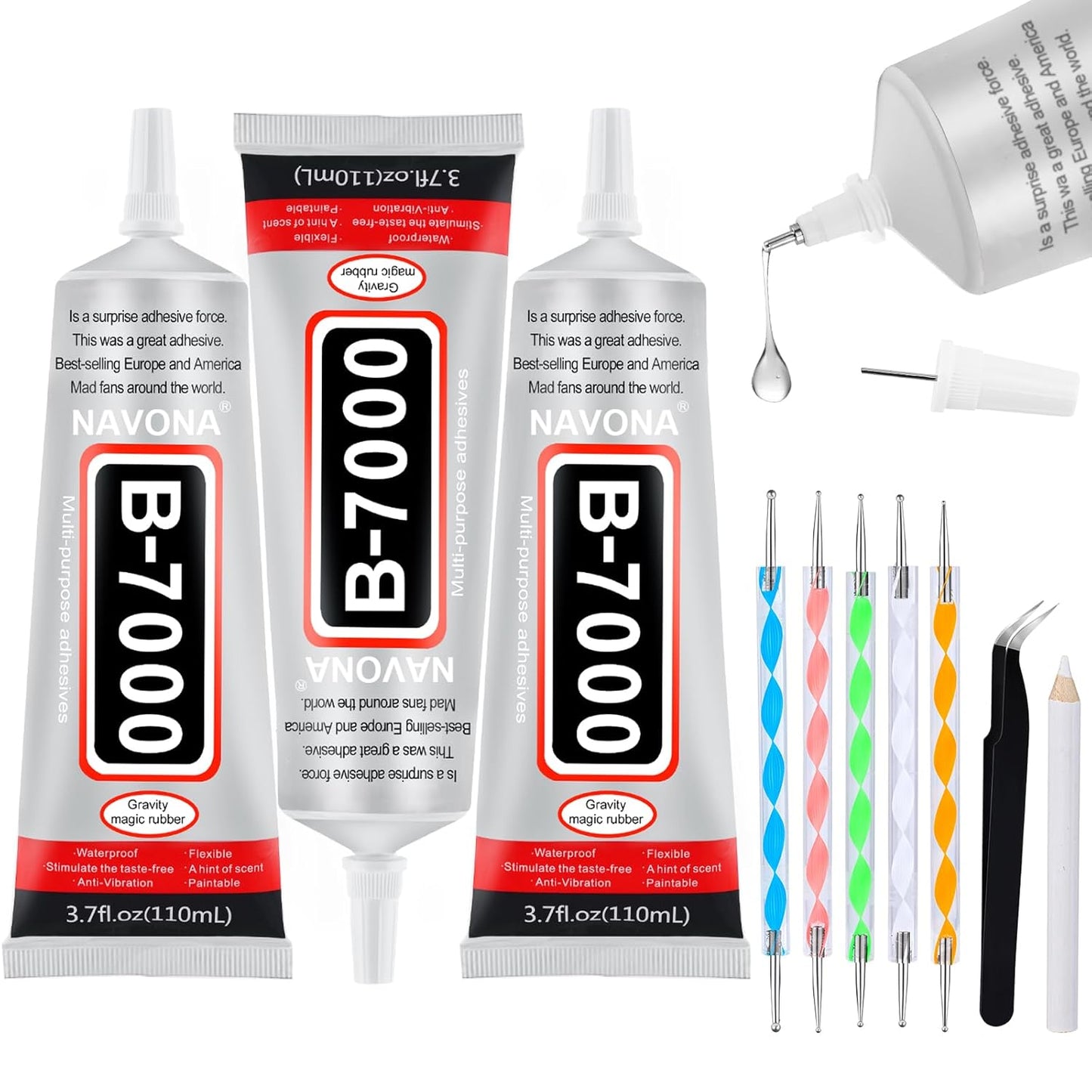 3 PCS 110ml B7000 Glue Clear with Precision Tip, B7000 Rhinestone Glue Set, Craft Glues with 5-Point Pen Tool, Crayon, and Tweezers, Fabric Glues is Used for Nails, Jewelry, Shoes, Fabrics