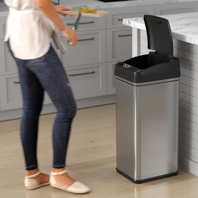 iTouchless 50 Liter / 13 Gallon Kitchen Trash Can with Lid & Odor Filter – Motion Sensor Stainless Steel Garbage Bin for Home, Office, or Garage – Slim, Large Capacity Design
