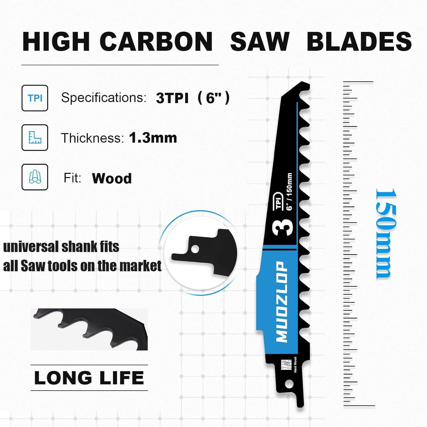 1 Pack 6 inch Reciprocating Saw Blades Set， 3 TPI High Carbon Saw Blades for Woodcutting，Saw Blades with Organizer Case (1, 3T/6inch)