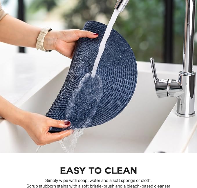 Round Placemats Set of 8 Plastic Woven Placemats Washable Wipeable Table Mats for Dining Table Heat Resistant Non-Slip Circle Place Mats (Navy Blue)