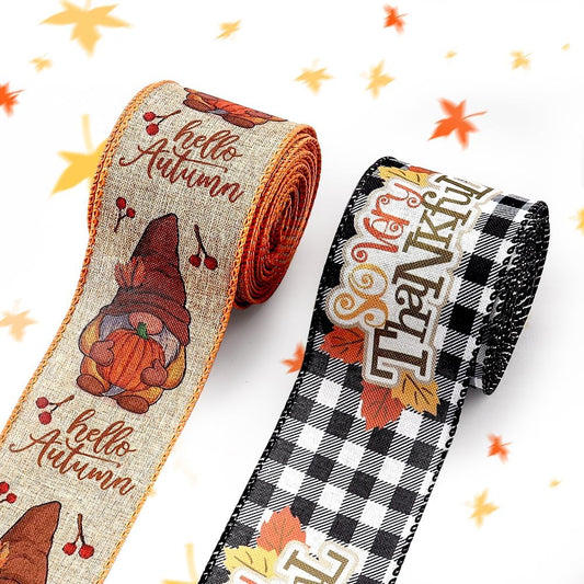 Threetols 2 Rolls 10 Yards Fall Wired Edge Ribbons, 2.5inch Black White Plaid Burlap Ribbon, Autumn Leaves Gnomes Pumpkin Ribbon for Thanksgiving Party DIY Craft Fall Wreath Bow Decor
