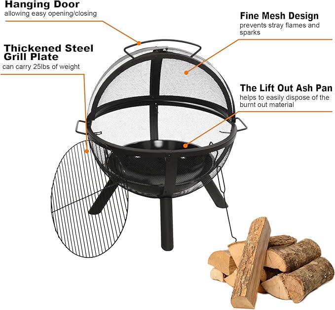Ikuby Ball of Fire Pit fire Ball with BBQ Grill fire Globe Pit Large Round fire Pit,Patio Fire Pit Fireplace for Camping, Heating, Bonfire and Picnic, Black, 33.85*32.67*35in, (BLKFP-001)