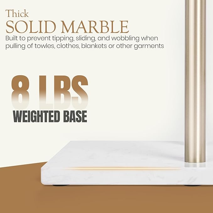 Free Standing Towel Rack for Bathroom - Satin Gold Finish - Stand Alone 2 Tier Stainless Steel Towel Rack for Bathroom Floor with Heavy Marble Base, Double T Shape Drying Stand for Towels