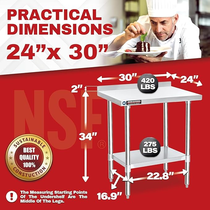 DuraSteel NSF Stainless Steel Table - 24 x 30 Inch Metal Work Table w/Undershelf - Commercial Kitchen, Restaurant, Garage, Laundry - Outdoor Stainless Steel Prep Tables Countertop Island Grill Small