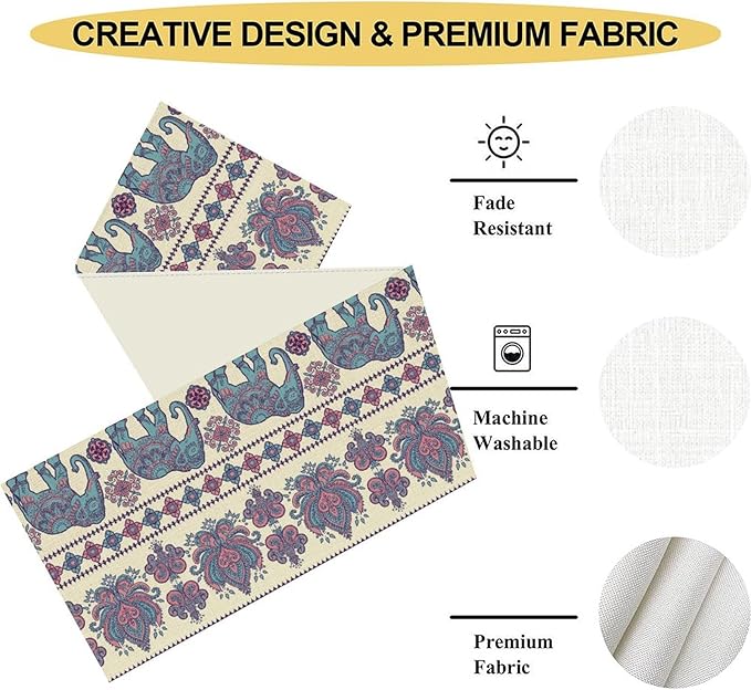 Boho Elephant Table Runner, Rustic African Tribe Animal Damask Diwali India Mandala Art Print Purple Coffee Table Center Decor for Home Kitchen Holiday Party Outdoor Table Decorations, 13"x36"