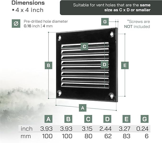 Vent Systems 4'' x 4'' Inch (Overall Dimensions) - Black Air Vent Cover - Metal Air Return Grill with Built in Guard Screen - HVAC Ducting Vent Duct Cover for Interior, Exterior Use