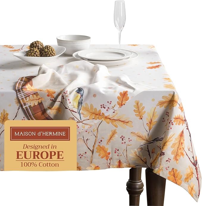Maison d' Hermine Table Cloth Rectangle Table 100% Cotton 54 x 72 Inches Fall Tablecloth Reusable Everyday Use for Thanksgiving Christmas Decorations Dining Farmhouse Party (Oak Leaves)
